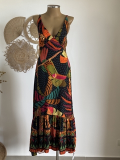 Vestido longo decote com V, alças reguláveis- Coleção Belezas do Pantanal