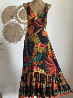 Imagem do Vestido longo decote com V, alças reguláveis- Coleção Belezas do Pantanal