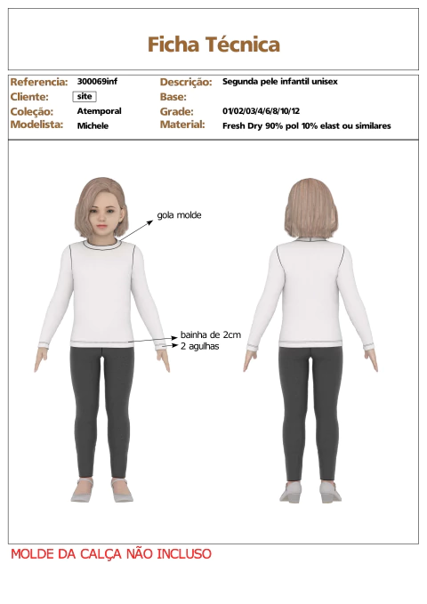 Modelagem de Blusa infantil Segunda pele em ribana / malha poliamida. para malha com elastano. ref 300.069inf - comprar online