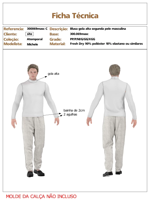 Modelagem de Camiseta segunda pele gola alta Masculina em ribana / malha poliamida. para malha com elastano. ref 300.069masc c