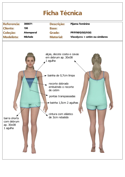 Modelagem de Pijama regata + shorts Feminino, para Malha com elastano, ref 300.071