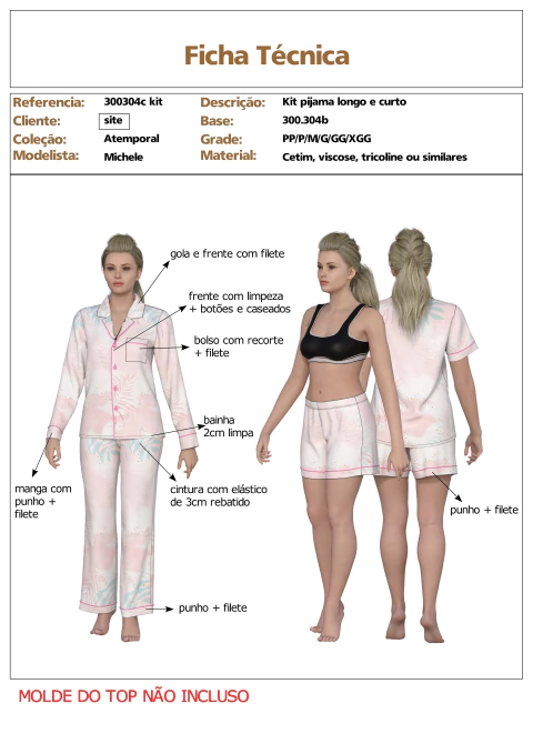 Modelagem de Pijama Americano KIT INVERNO E VERÃO Feminino para Tecido sem elastano. ref 300.304c kit