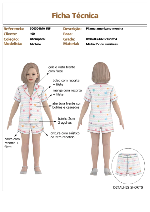 Modelagem de Pijama Americano infantil menina para malha sem elastano. ref 300.304MA INF - comprar online