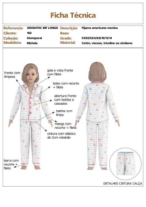 Modelagem de Pijama Americano infantil menina para Tecido sem elastano, ref 300.304TEC INF LONGO - buy online