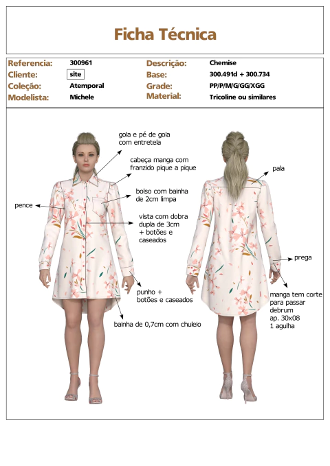 Modelagem de Vestido Chemise Feminina para tecido sem elastano ref 300.961 - comprar online