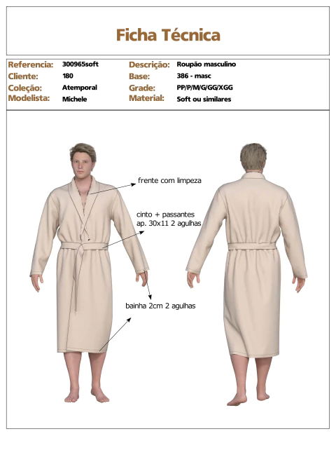 Modelagem de Roupão Pijama Soft unisex. para Malha sem elastano. 300.965soft