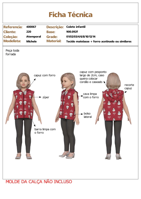 Modelagem de Colete infantil Unisex com forro para Tecido sem elastano. ref 400.067 - comprar online