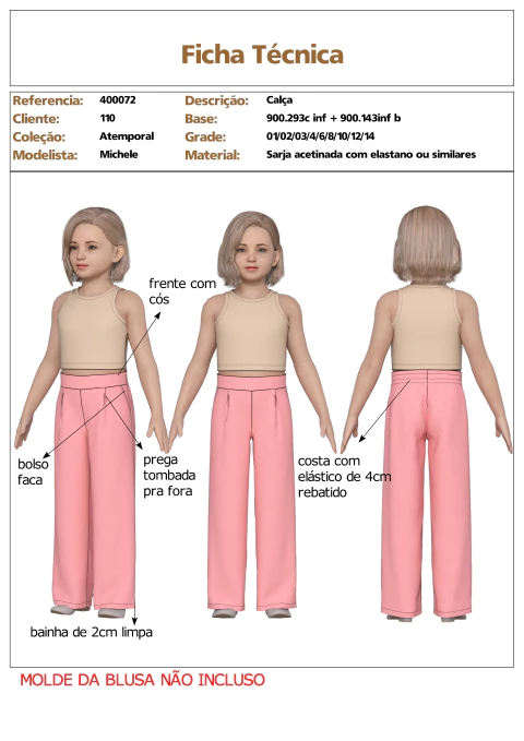 Modelagem de Calça Pantalona infantil Menina. para Tecido com elastano. ref 400.072