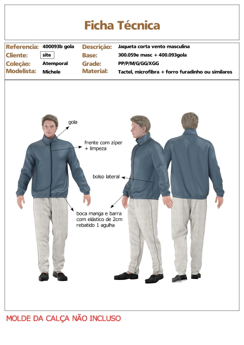 Modelagem de casaco / jaqueta masculina corta vento Tactel com zíper e gola alta, para Tecido sem elastano. ref 400.093b gola