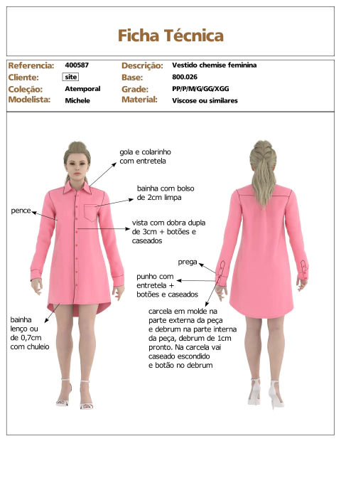 Modelagem de Vestido Chemise Feminino para tecido sem elastano ref 400.587