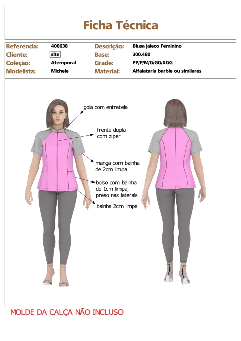 Modelagem de Blusa Scrub Jaleco Feminino manga raglan em gabardine, para Tecido sem elastano. ref 400.638
