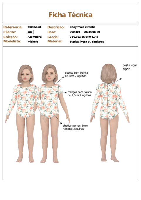 Modelagem de kit maiô Infantil básico decote redondo manga longa e curta. zíper costas. para Malha com elastano. ref 400.666inf