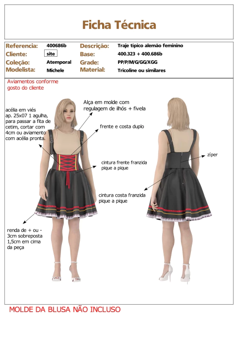 Modelagem de conjunto Traje típico Alemão Feminino para Tecido sem elastano. ref 400.686b + 400.689b