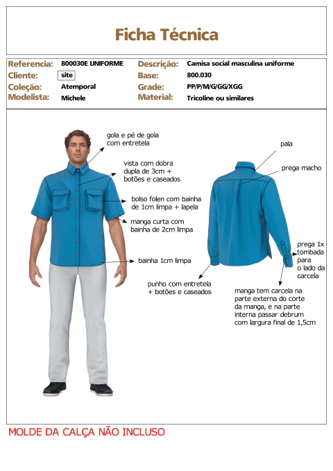 Modelagem de Camisa social Uniforme Masculina com bolsos fole. para Tecido sem elastano. ref 800.030e uniforme - comprar online