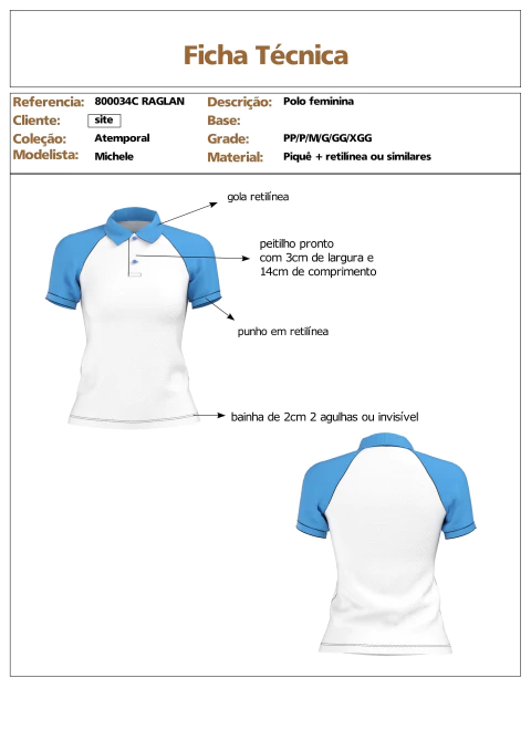Modelagem de Polo Feminina Babylook justa em pique, para Malha sem elastano. ref 800.034c raglan - comprar online