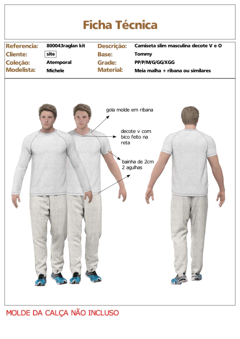 Modelagem kit de Camiseta Raglan Masculino Slim decote V e O . para malha sem elastano. ref 800.043raglan kit - comprar online