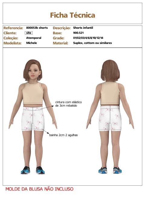Modelagem de Shorts com elastico rebatido infantil Menina para malha com elastano. ref 800.053b shorts - comprar online