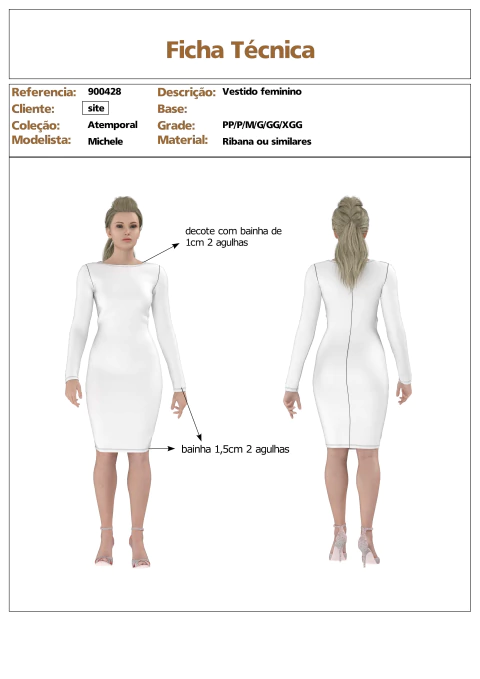 Modelagem de Vestido Feminino Clássico em ribana. com manga longa. para Malha com elastano. ref 900.428