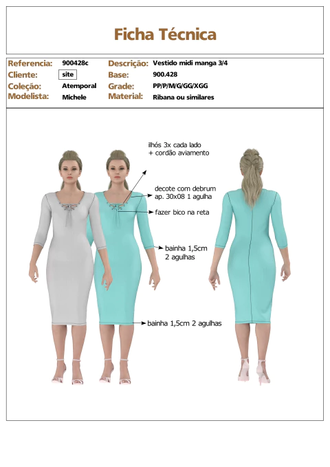 Modelagem de Vestido Feminino clássico em ribana. com manga longa. para Malha com elastano. ref 900.428c