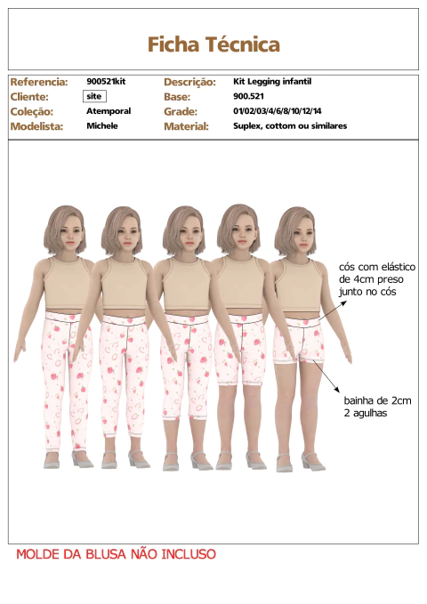 Modelagem de kit Calça Legging/capri/corsário/bermuda/shorts com cós e elastico infantil Menina para malha com elastano. ref 900.521kit - comprar online