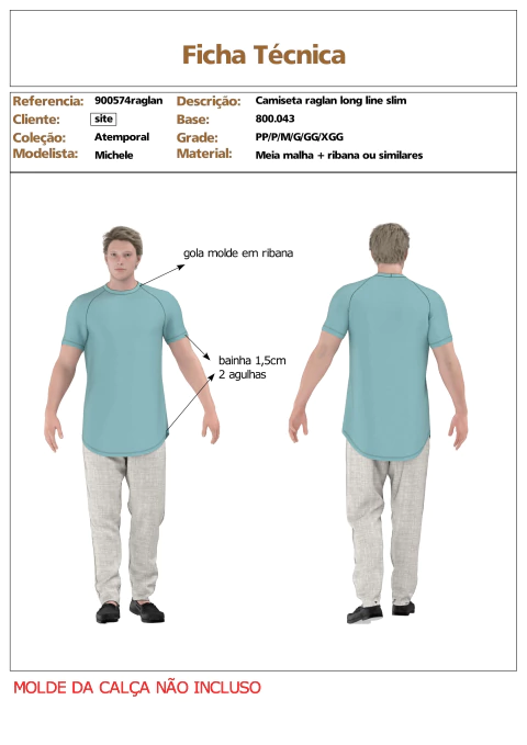 Modelagem de Camiseta Long line Masculina slim raglan. para malha sem elastano. ref 900.574raglan