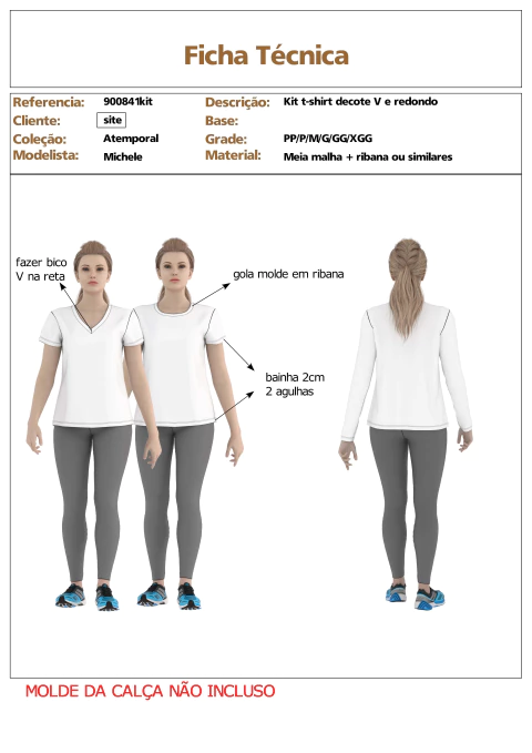 Modelagem kit de Camiseta T-shirt Feminina. gola V e 0. para Malha sem elastano. ref 900.841kit - comprar online
