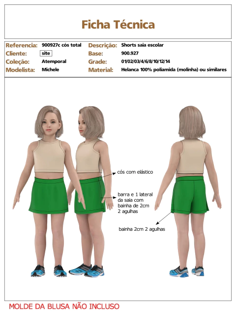Modelagem de Shorts Saia ESCOLAR infantil menina, com cós total com elastico interno, saia reta , para malha sem elastano. ref 9900.927c cós total