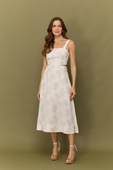 VESTIDO MIDI VAZADO ALÇAS SM, FOLHAGENS.