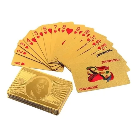 BARALHO DOURADO À PROVA D'ÁGUA FLEXÍVEL COM NOTA DE 100 DÓLARES 54 CARTAS PET RESISTENTE