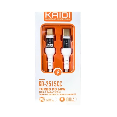 CABO KAIDI TIPO-C PARA TIPO-C TURBO PD 60W 1 METRO CARREGAMENTO RÁPIDO E TRANSMISSÃO DE DADOS