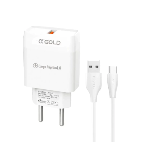 KIT CARREGADOR TURBO TIPO-C 30W 6.0A E CABO USB