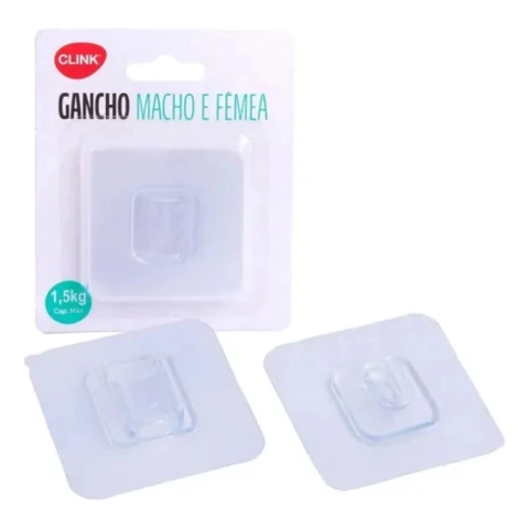 GANCHO ADESIVO TRANSPARENTE CLINK MACHO E FÊMEA 1,5KG FIXAÇÃO SEM FUROS PAREDE