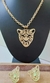 Kit Conjunto Colar e Brincos Com Pingente Onça Vazado Liso Corrente Elo Português Folheado Ouro 18k Tigre Moda