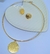 Imagem do Kit Conjunto Colar e Brincos Feminino Choker Elo Aro Rigido Liso com Pingente Medalha Oração Pai Nosso Folheado Ouro 18k