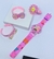 Kit Relógio Infantil Digital Pisca Luz Led Colorido Toca Musica Princesa Disney Minnie Frozen Barbie + Bracelete 3D Glitter Presente