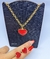 Kit Colar e Pulseira Corrente Elo Português Folheado Ouro com Pingente Coração Love Vermelho Presente para Mulheres Lembrançinha