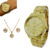 Kit Relógio Feminino DHP Prova água Aço Inox + Colar e Brincos Zircônias Dourado