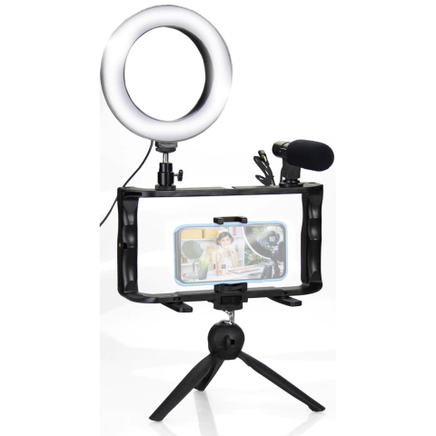 Kit Ring Light Celular c/ Microfone e Tripé + Suporte Estabilizador - SPRK-100