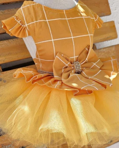 Vestido de Festa Grid Natal Mostarda para Cachorro e Gato