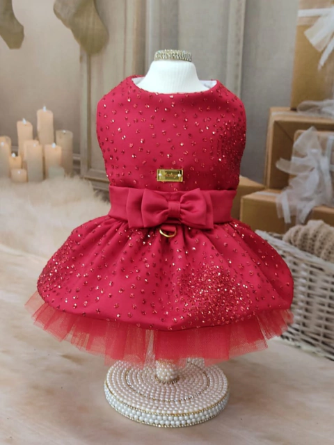 Vestido Natal Encanto Glitter Vermelho para cachorro e gato