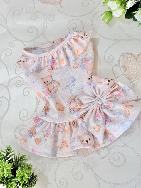 Vestido Laço Ursinho Love Rosa Bebê para cachorro e gato