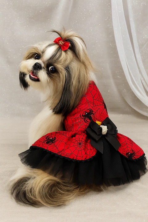 Vestido Halloween Aranha Vermelho para cachorro e gato