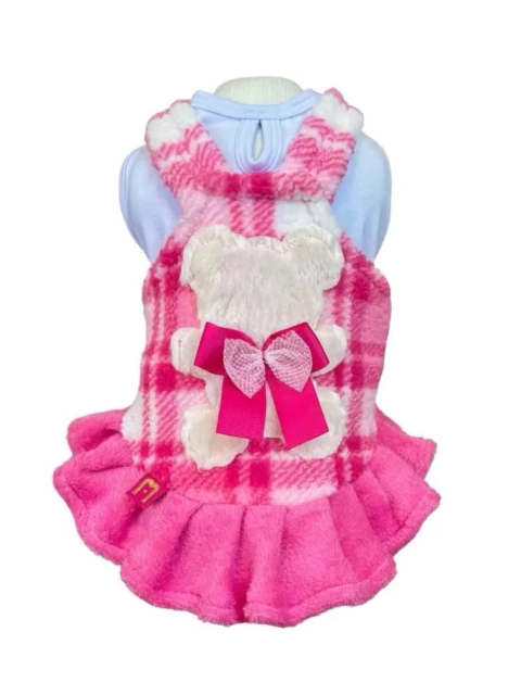 Jardineira Pelúcia Xadrez Pink para cachorro e gato