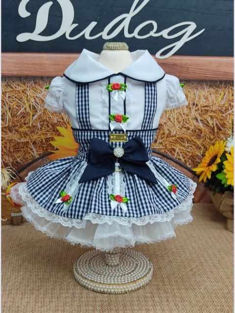 Vestido Junino Fazendeira Xadrez Azul para cachorro e gato