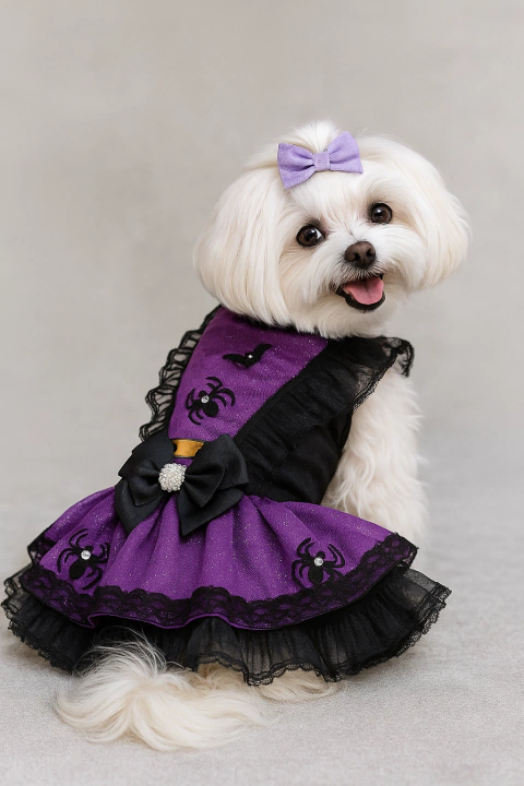 Vestido Halloween Bruxinha Roxo e Preto para cachorro e gato