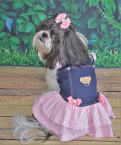 Vestido Jeans Xadrez Rosa para cachorro e gato