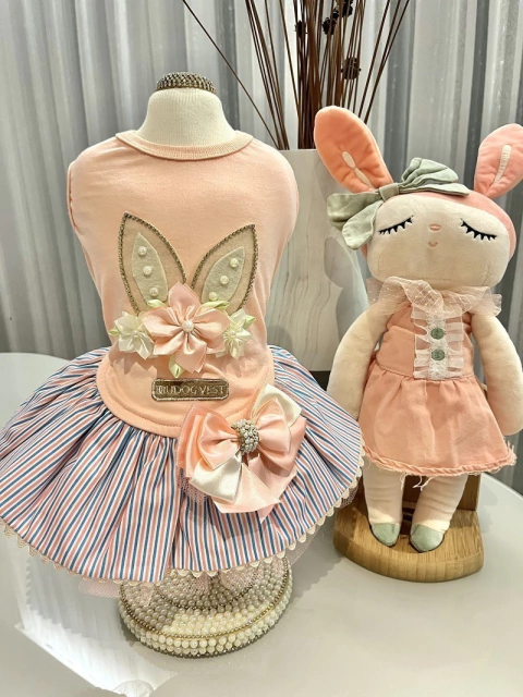 Vestido Salmão Páscoa Listra Azul para cachorro e gato