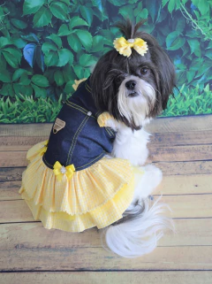 Vestido Jeans Xadrez Amarelo para cachorro e gato