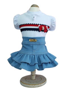 Vestido Mini Saia Jeans Delavê Blusa Branca para cachorro e gato na internet