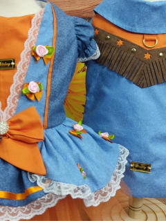 Vestido Junino Fazendeira Azul e Laranja para cachorro e gato - Estilo de Vida Pet